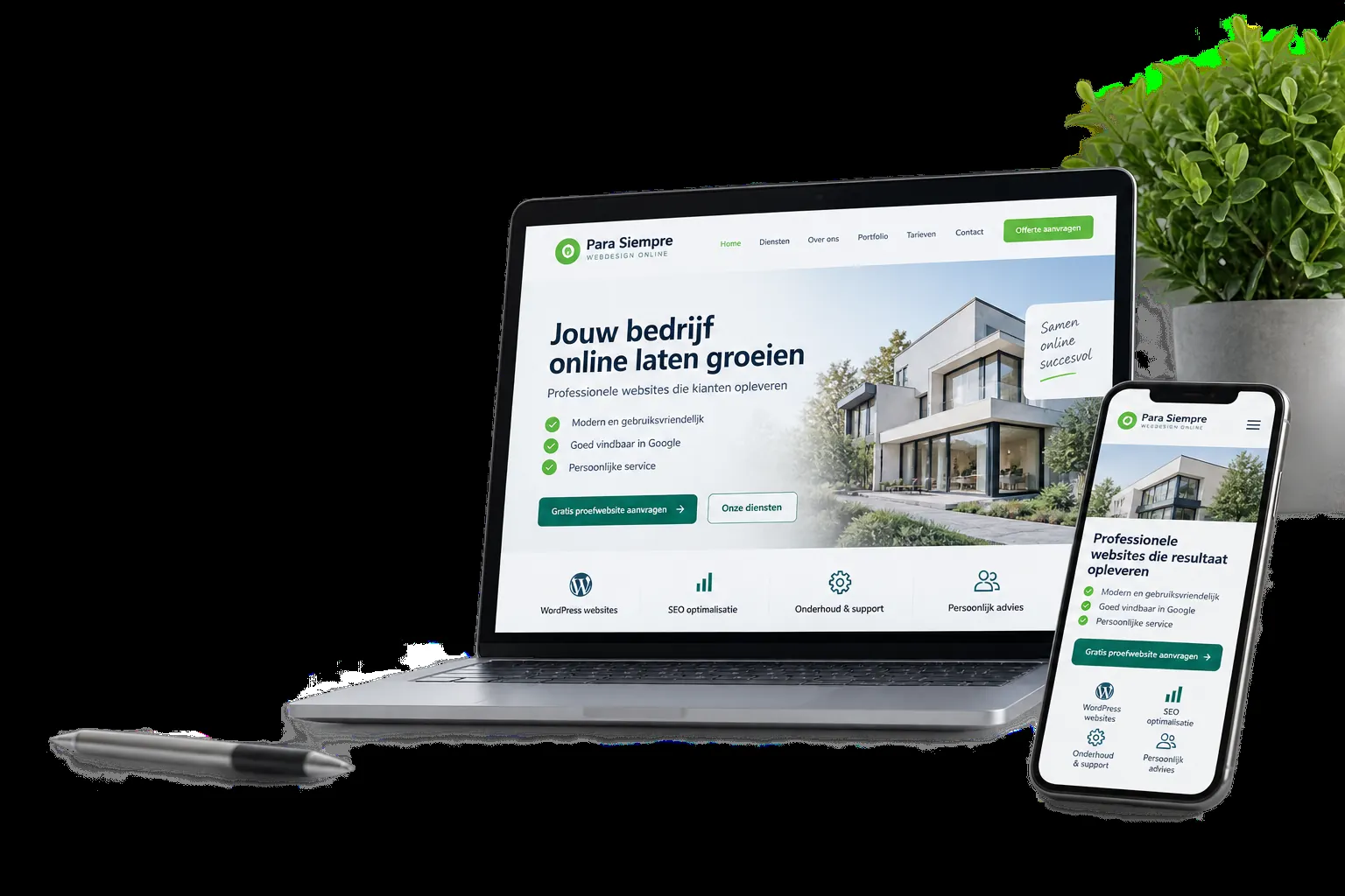 Websiteontwerp weergegeven op laptop en smartphone